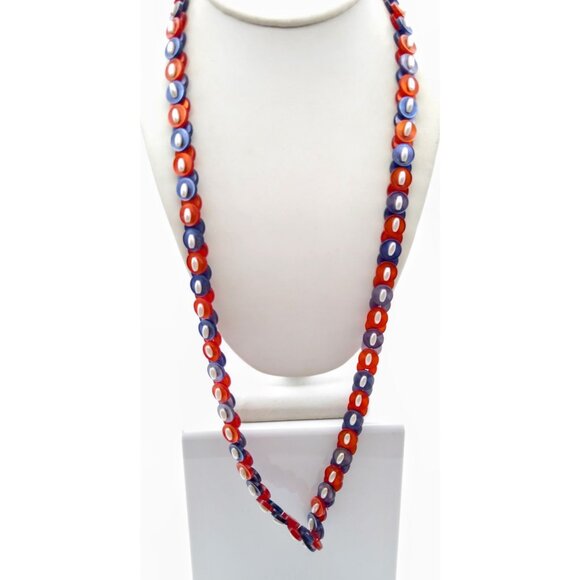 Vintage Moonglow Button Necklace in Red White and Blue Lucite, Reversible - Picture 1 of 3